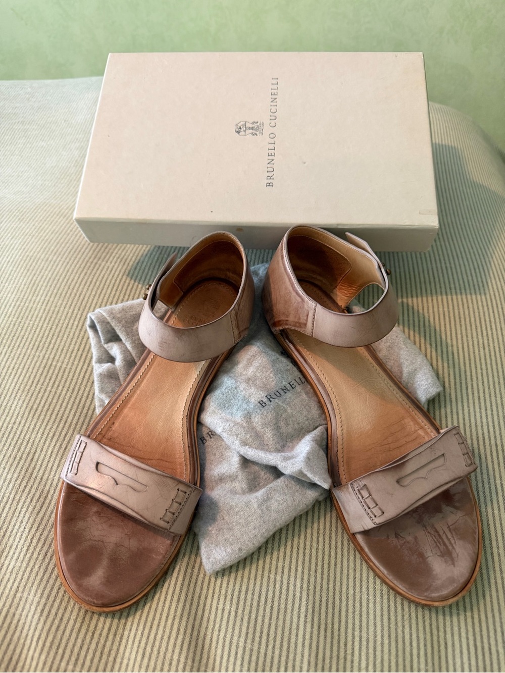 Brunello Cucinelli Taupe Leather Ankle-Strap Sandals